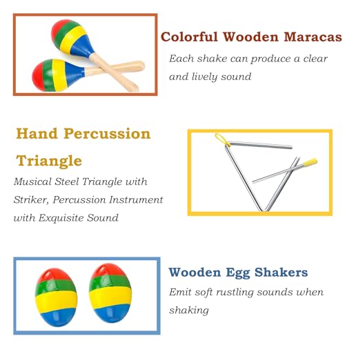 6 in Wood Tambourine, Guiro Instrument Fish Shaped, Wooden Maracas, Egg Shakers, 6IN Musical Steel Triangle, Colorful Wooden Musical Instruments for Adults, Ideal Percussion