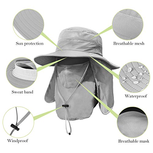 Zexian 2 Pieces Men's Wide Brim Fishing Hat Outdoor Upf 50+ Sun Protection Removable Face And Neck Flap (Dark Grey & Light Grey) #TOP3