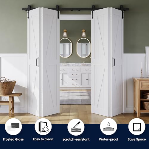 48" x 84" Bifold Sliding Barn Door, K Shaped Panel with Sliding Hardware Kit Set, Finished Closet Door Slab, 4.66FT Track for 4 Doors, MDF, White by SMARTSTANDARD - Image 3