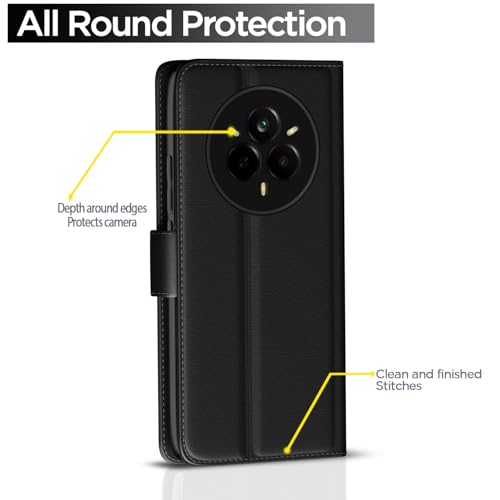 Image of Pikkme Flip Cover Leather Finish | Inside TPU with Card Pockets | Wallet Stand and Shock Proof | Complete Protection Button Flip Case for Realme 14 Pro 5G(Black)