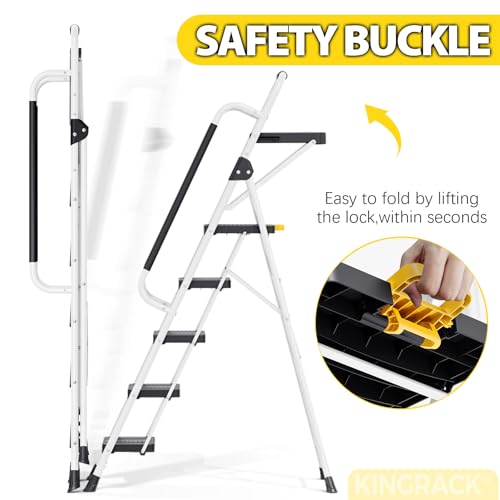 Image of KINGRACK Folding 5-Step Ladder, 800 lbs Capacity Step Stool with Safety Lock, Tool Tray, Non-Skid Wide Steps, Handrail, Household Folding Ladder for Home, Garden, Painting, Outdoor, and Garage, White