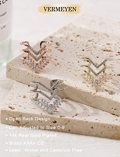 Gold Chevron Statement Rings For Women 14K Gold Plated Gold Pointed V Shaped Chunky Open Ring Marquise Crystal Cubic Zirconia Adjustable Rings #TOP5
