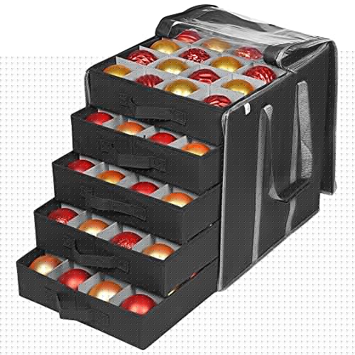 ProPik Christmas Ornament Storage Boxes with Dividers - 5 Separate Trays - Ornament Holder - Keeps 100 Holiday Ornaments - Durable Carrying Bag Handles Organizer Storage Box (Black)