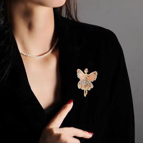 Image of Rhinestone Angel Ballerina Brooch Pin for Women Girls Fashion Crystal Gold Tone Cute Fairy Butterfly Ballet Dancer Brooches Lapel Pins Dainty Dress Accessories Birthday Christmas Jewelry Gift