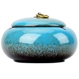 Large Size Color Glaze Cigarette Ashtray Windproof and Rainproof Outdoor Ceramic Ashtray Travel Portable Ash Tray with Metal Lifting Ring Lid Decorative Ashtray (Blue)