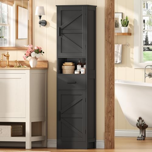 Image of TEENFON Tall Bathroom Storage Cabinet with Barn Doors, Narrow Bathroom Cabinet with Drawer, Narrow Storage Unit, Adjustable Shelves, Floor Cabinets for Living Room, Entryway, Kitchen, Black