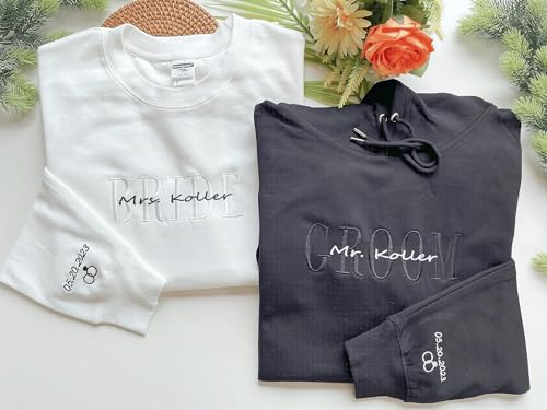 GodLover Custom Embroidered Groom and Bride Hoodies Sweatshirt, Custom Name for Couple, Embroidered Custom Aniversary Date On Sleeve With Initial Hearts, Gifts for Him Her, Matching Couples Hoodies