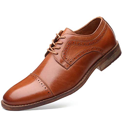 Men's Dress Shoes Modern Oxford Round Cap Toe Lace up Casual Formal Business Leather Derby Shoes Brown
