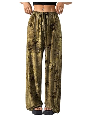 Women's Retro Graphic Straight Leg Pants Drawstring Waist Low Rise Long Trousers