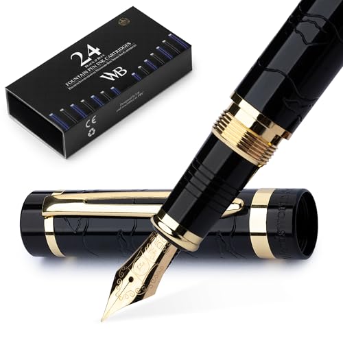 Image of Wordsworth & Black Primori Fountain Pen Set for Writing, Fine Nib | Black Gold, Gift for Men Women, Metal Body, 18K German Iridium, Calligraphy, Converter + 24 Ink Cartridges, Refillable