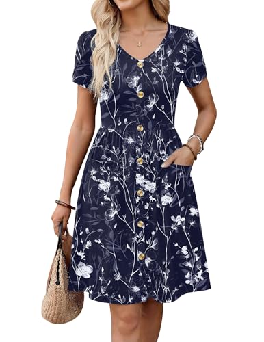 Zeagoo Womens Shirt Dress Knee Length Dress Short Sleeve Front Button V Neck Beach Wedding Dress 2026 Navy White Floral L