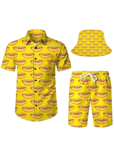 COCYPAN 7 Hot Dog Shirt,Funny Shirt,Hot Dog Costume, Mens Hawaiian Shirts And Shorts Set Funny Hawaiian Shirts For Men Beach Outfits Sets With Bucket Hat 7-3XL