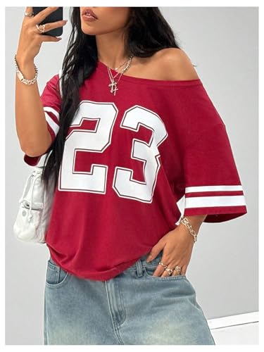 SHENHE Women's Off The Shoulder Top Short Sleeve Y2k Jersey Number Graphic Loose Tee Shirt2