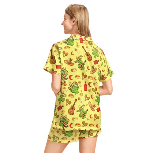 Image of Funny Pajamas for Women Set Print Satin Loungewear Pjs Short Sleeve Button Down Top and Shorts Sets Sleepwear XS-3XL