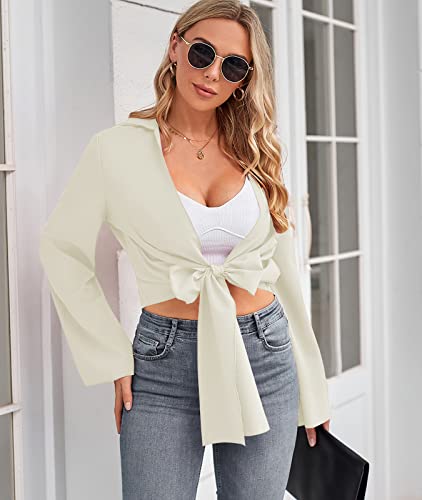 Zaful Women's Sexy Deep V Neck Tie Front Knot Wrap Crop Tops Casual Long Sleeve Blouses Shirts White #TOP6