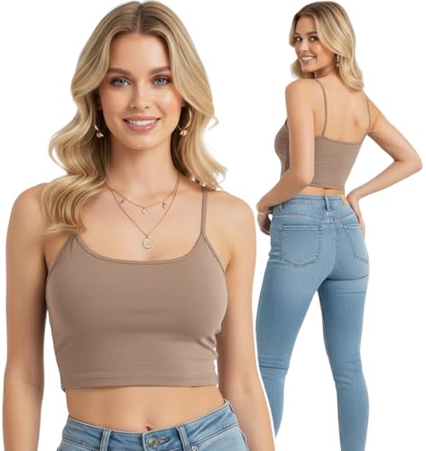 ToBeInStyle Women's Adjustable Built in Bra Crop Spaghetti Tank - Mocha - M