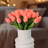 HOMESEASONS Pre-Lit 20pcs LED Lighted Fake Flowers Artificial Tulips Real Touch Tulip Bouquet 15' Faux Tulips for Easter Decor Mother's Day Home Kitchen Wedding Decorations(Light Pink)