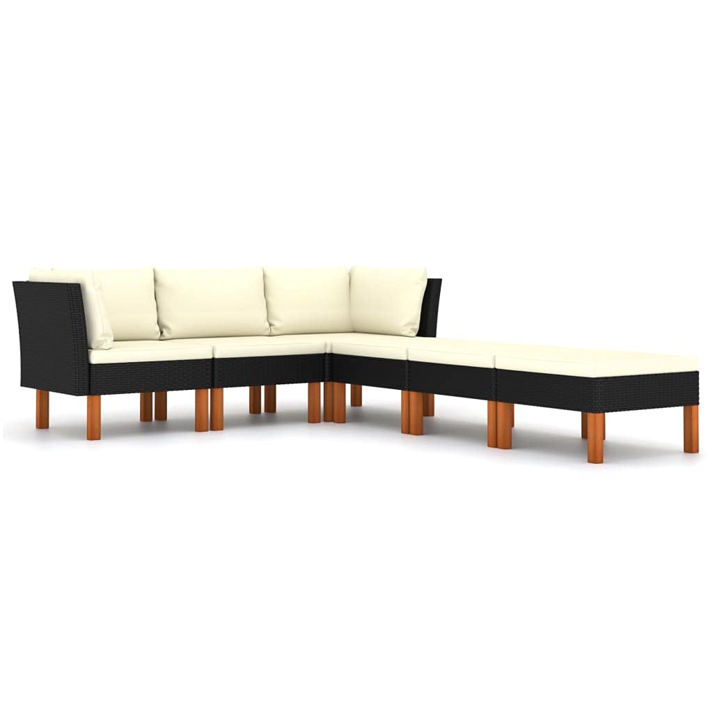 Set di 6 mobili da giardino in polyrattan con cuscini neri, resistenti alle intemperie, facili da pulire, comodi per terrazze e balconi