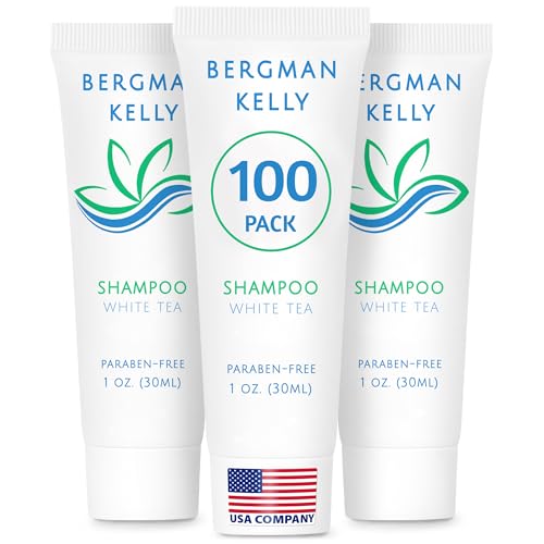 BERGMAN KELLY - Travel Size Hotel Shampoo - 1 fl oz, 100 PK, White Tea - Delight Your Guests with Revitalizing & Refreshing Hair Cleanser for Guest Hospitality - Mini & Small Size Shampoo in Bulk