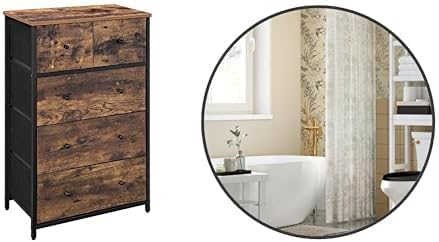SONGMICS Drawer Dresser, Storage Dresser Tower with 5 Fabric Drawers,Round Mirror, Bathroom Mirror for Wall, 24 Inches, Metal Frame,ULGS45H & ULWM102B01