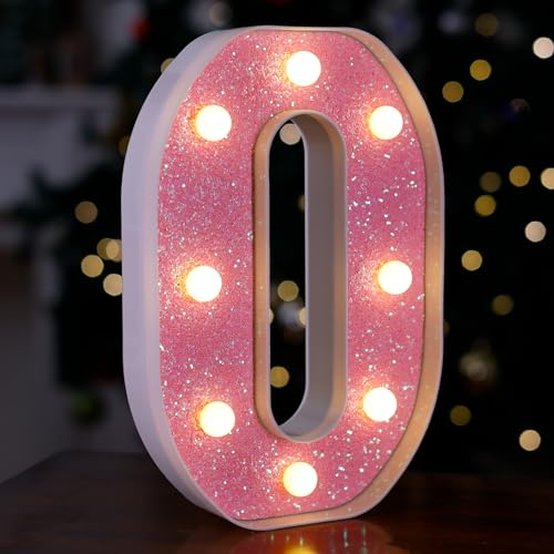 Image of LED Letter Lights Pink Glitter Marquee Letters Light Up Alphabet Letters Sign Battery Powered for Home Party Decoration Night Bar Wedding Birthday Christmas Lamp Girls Gift - Letter O