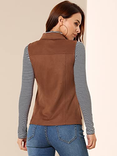 Allegra K Women's Faux Suede Vest Utility Buttoned Sleeveless Jacket With Cargo Pocket Small Brown #TOP4