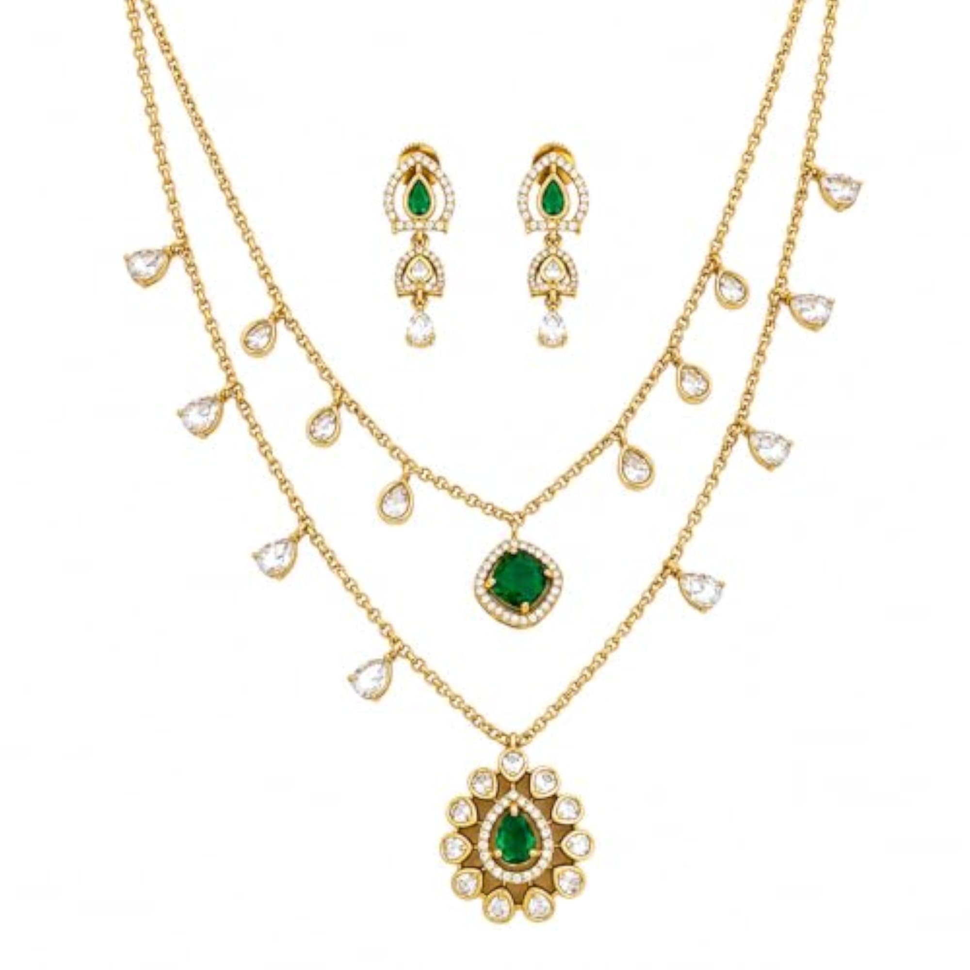 Premium Gold Plated Emerald Green Layered Necklace Set
