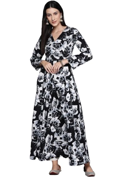 Kurta Anarkali Varanga floral noir en taille S pour femme