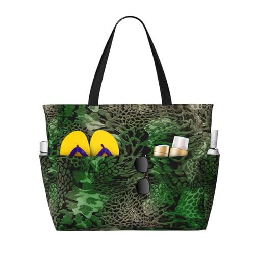 Green Snake Print Roomy Beach Tote Bag For Women, Large Travel Bag For Weekend Travel,Pool