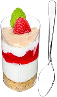 DLux 28 x 3 oz Mini Dessert Cups with Spoons, Slanted Triangle - Clear Plastic Parfait Appetizer Cup - Small Reusable Serving Bowl for Tasting Party Desserts Appetizers - with Recipe Ebook