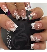 White French Tip Press on Nails Medium Square Bling False Nails Glitter Fake Nails with Floral De...