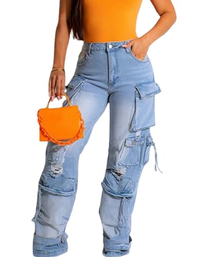 SEMATOMALA Women's Cargo Jeans Jogger Pants Multi Pockets Y2K Destroyed Ripped Denim Ankle Cuffed Baggy Pants2