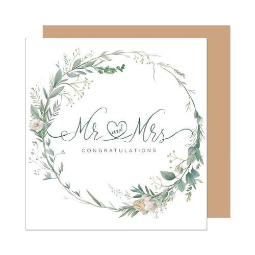 Edition Seidel Tarjeta de boda cuadrada Premium con sobre. Tarjeta de felicitación de boda corona de flores de eucalipto pareja nupcial (HQ101 SW024)