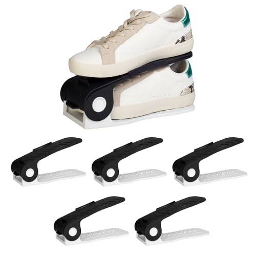 HomeStrap Shoe Organizer Slot (Pack of 6) (Black/White)| Adjustable | Space Saver | Double Deck Shoes Storage Holder for Rack and Shelf