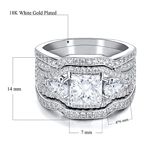 MDFUN Three-In-One Square Wedding Engagement Ring,18K White Gold Plated Cubic Zirconia Promise Eternity Ring Set for Women2