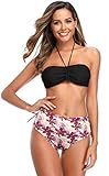 SHEKINI Damen Bandeau Bikini Set Neckholder Bikinioberteil Rückenfrei High Waist Drucken Cut Out Bikinihose Bikinis Badebekleidung Strandbekleidung (Medium, Schwarz)