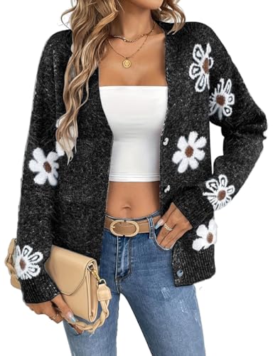 Image of IDEALSANXUN Womens Daisy Sweater Cardigan Fall Winter Button Down Flower Floral Sweaters