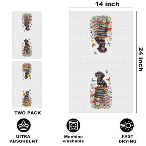 Image of 2 Pcs Cute Dachshund Floral Kitchen Towels 24x14 Inch, Floral Book Dachshund Gifts Reusable Dish Towels for Kitchen Bathroom Decor, Waffle Weave Absorbent Tea Towel, Weiner Dog Gifts for Women Friend