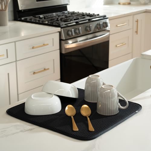 S&T INC. Dish Drying Mat, 16” x 18”, Absorbent Microfiber Kitchen Counter Mat, Drying Pad for Dishes, Utensils, Pots and Pans, Large, Diamond Texture, Black