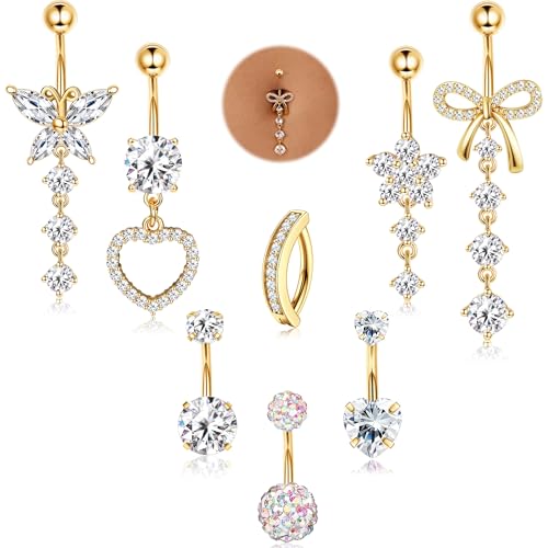 YADOCA 316L Surgical Steel Gold Dangle Belly Button Ring for Women Silver Dangly Belly Rings 14G Hypoallergenic Navel Belly Button Piercing Jewelry Bow Heart 10mm/12mm Barbell Length