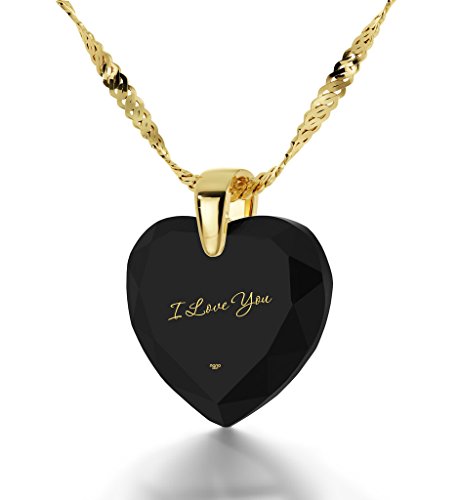 Nano Jewelry I Love You Necklace Gold Plated Heart Pendant Pure Gold Inscribed on Romantic Birthday Gift Black Heart-Shaped Cubic Zirconia, 18