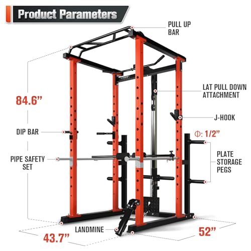 RitFit Power Cage with LAT Pull Down and 360° Landmine, 1000LB Capacity Power Rack Full Home Gym for Weightlifting, Come with J-Cups,Dip Bars and Other Attachments (2023 Version PPC02)-Orange - Thumbnail 3