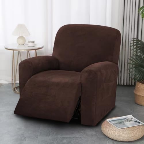 PEIHUODAN 1 Plaza Funda de Sillón Reclinable 4 Piezas Terciopelo Grueso con Bolsillo Lateral, Poliéster Elástico General Funda Protectora para Sillón Reclinable Eléctrico (Café)