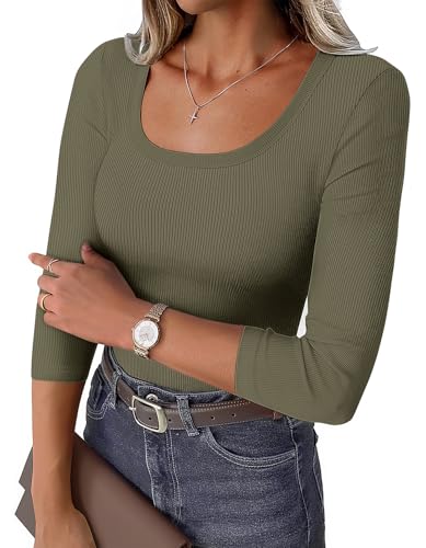 GKBK Womens 3/4 Sleeve Scoop Neck Tops Ribbed Knit Slim Fitted Casual Basic Tee Shirts 2025 Fall Summer Fashion Trendy Work Casual T-Shirt Workout Outfits Thermal Undershirts Army Green XL