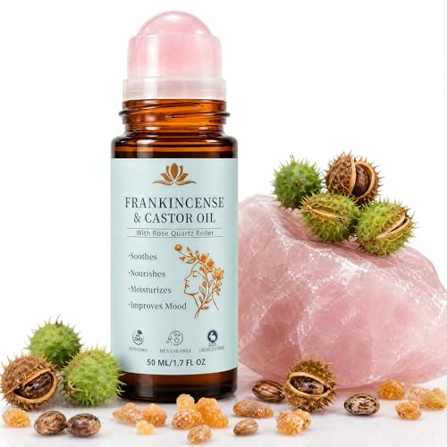 Organic Castor Oil & Frankincense Resin with Rose Quartz Roller 100% Pure Cold-Pressed Firms Skin Reduces the Look of Fine Lines Supports Hormonal Balance for Face Neck & Abdomen (1.7oz)
