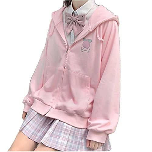 Harajuku Sweet Kawaii Sudadera con capucha con estampado de frutas para mujer, suéter con cremallera delgada y suelto, color rosa