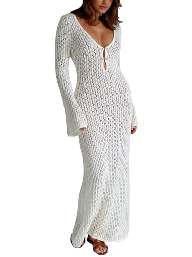 Leoparts Häkel-Badeanzug für Damen, sexy, V-Ausschnitt, rückenfrei, Maxikleid, Strand-Bikini, Coverup-Kleid, 2402 Weiß, Medium