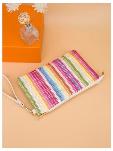 Verdusa Bolsa feminina de palha, boho, verão, praia, tecido com zíper, carteira de pulso, Multicor,