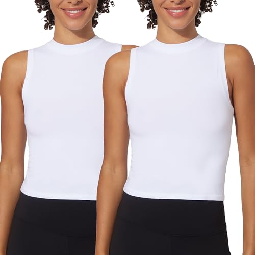 Yogalicious Womens Sleeveless Basic Tank Top Slim Fit Mock Neck Summer Shirts 1 Pack, 2 Pack, 3 Pack Option - White/White 2 Pack - Large