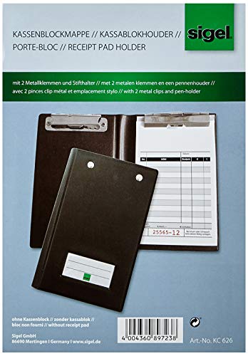 SIGEL KC626 Schreibmappe mit 2 Metallklemmen und Stifthalter, für 10x16,5 cm und DIN A6, zur sicheren Aufbewahrung als Kassenblockmappe und für andere Formulare